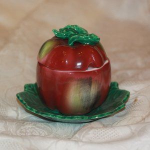 Vintage TOS Japan Jar Fruit Apple Condiment Sugar Lidded Dish W / Attached Plate